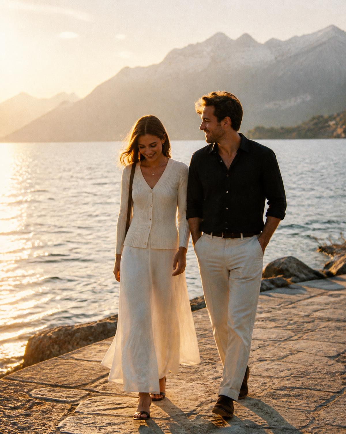 Couple marchant au bord du lac Léman à l'heure dorée